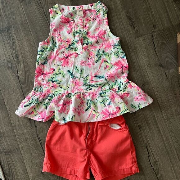 OSHKOSH FLORAL PINK PRINT PEPLUM TANK and short size 7 - Picture 1 of 8